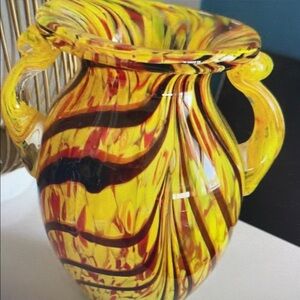 Vibrant Yellow and Red Swirl Glass Vase